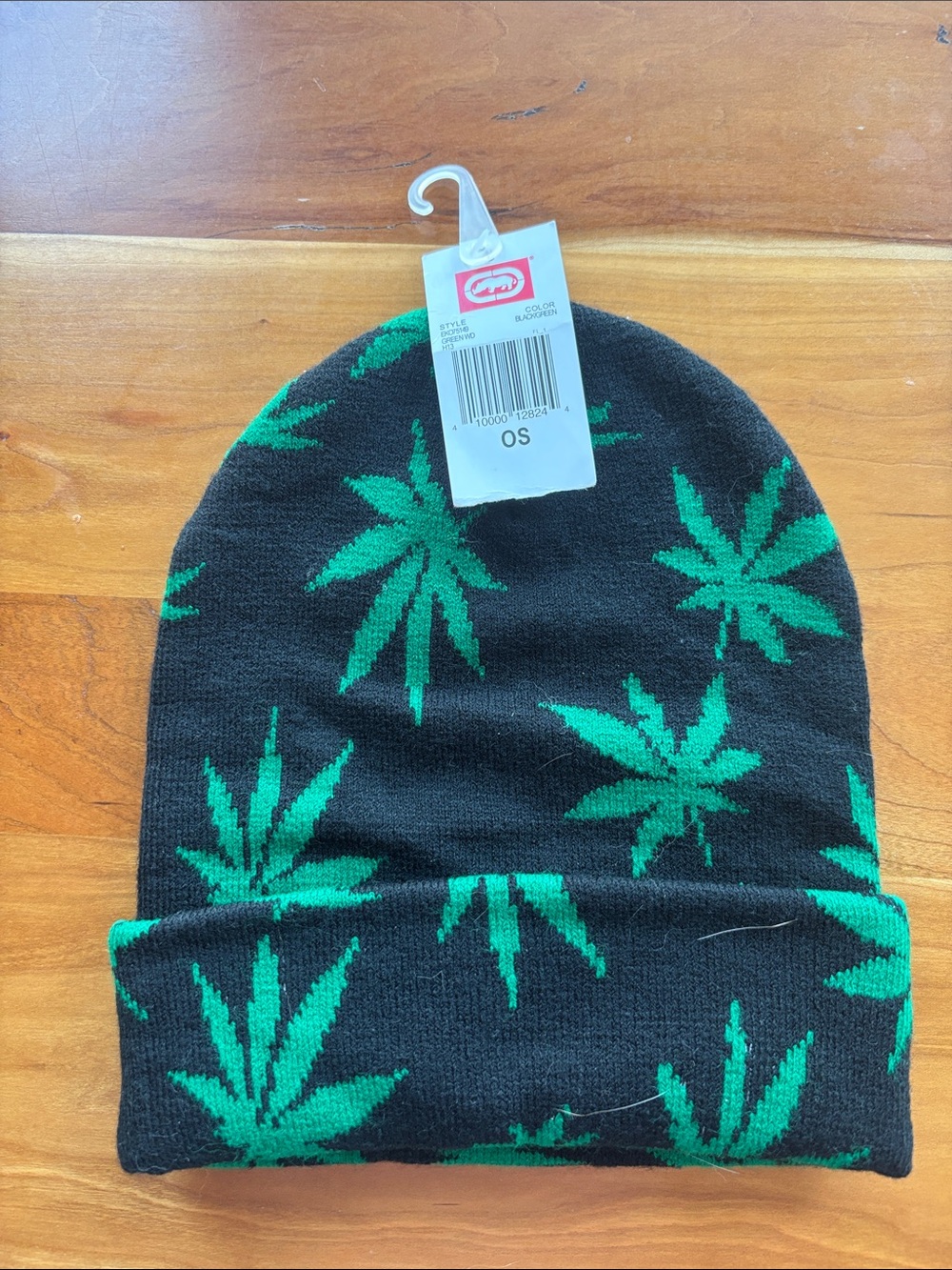 Ecko Unlimited Black Beanie with Green Leaf Pattern